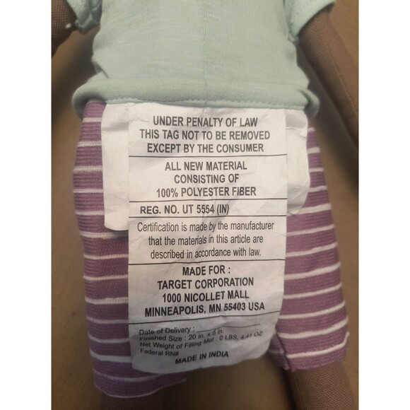 Target Pillowfort Soft Plush Doll 20" Black Fabric Mint Shirt Striped Shorts - Picture 5 of 8